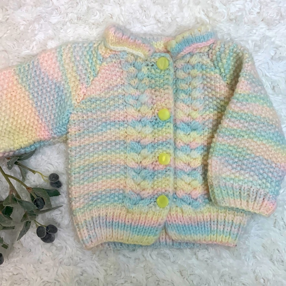 Vintage Handmade Knit Infant Cardigan Rainbow Yarn